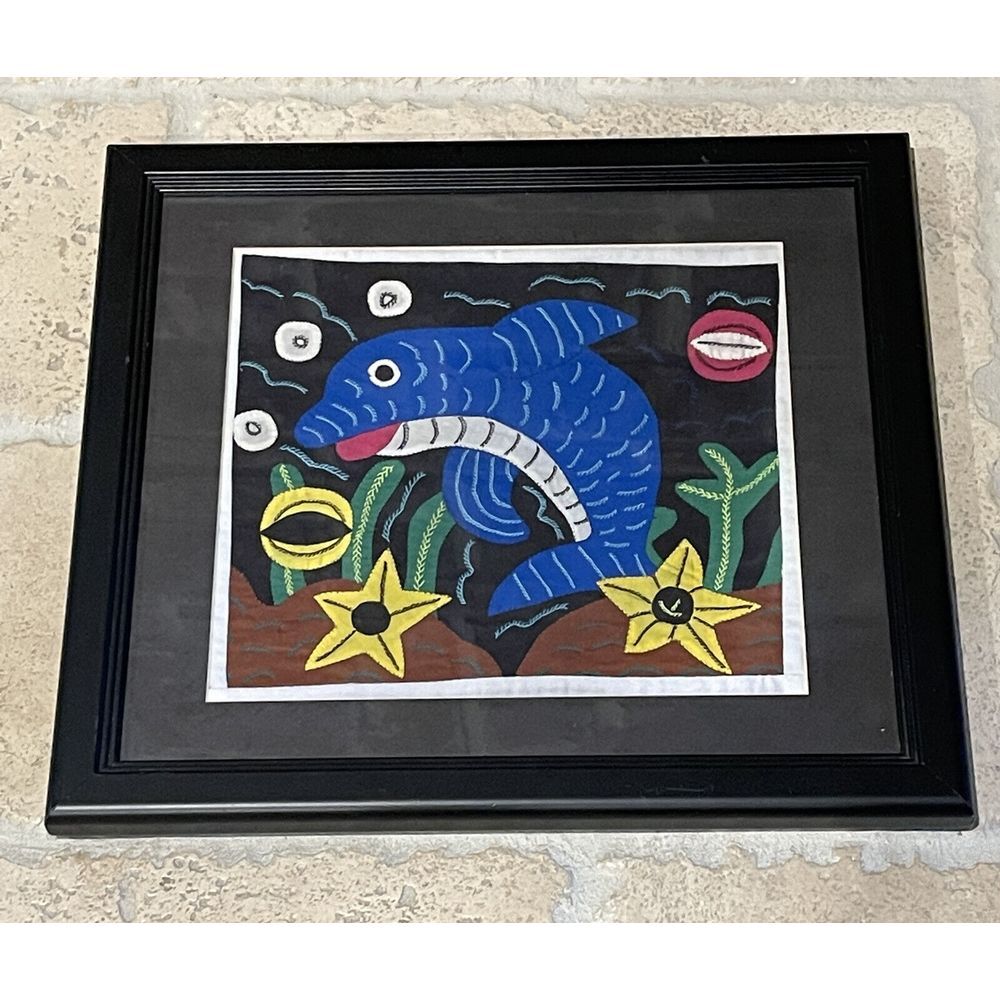 Vintage Applique Dolphin Mola by Kuna Indians 16x14 Inch Panama Framed Textile